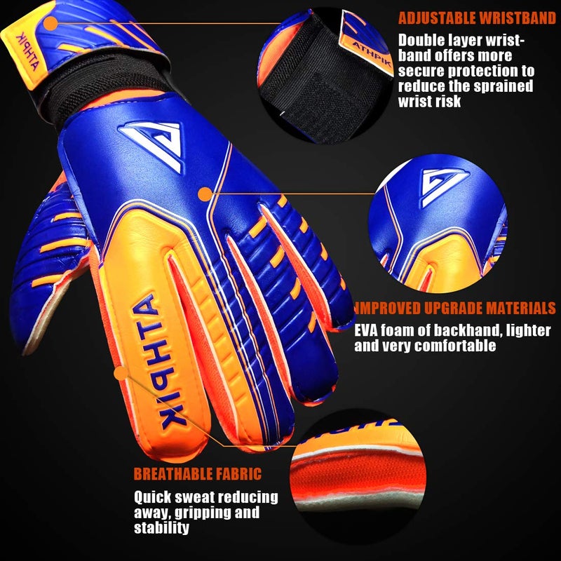 ATHPIK Soccer Goalie Gloves, Junior Indoor & Outdoor Goalkeeper Gloves with Finger Spines Protection and Strong Grip for Kids, Youth, Girls and Boys(Blue,Size 7) - Image 2